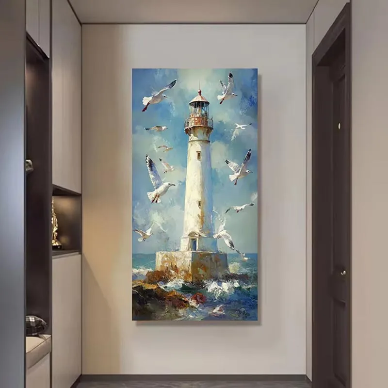 

Coastal Landscape Poster Prints Lighthouse Seagulls Canvas Painting Modern Abstract Wall Art Picture for Living Room Home Decor
