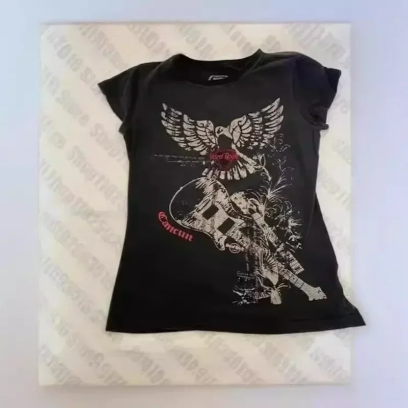 Y2K-T-shirt Vintage à Imprimé Tête de Mort Gothique pour Femme, Vêtement Estival et Décontracté, de Style Harajuku et Japonais