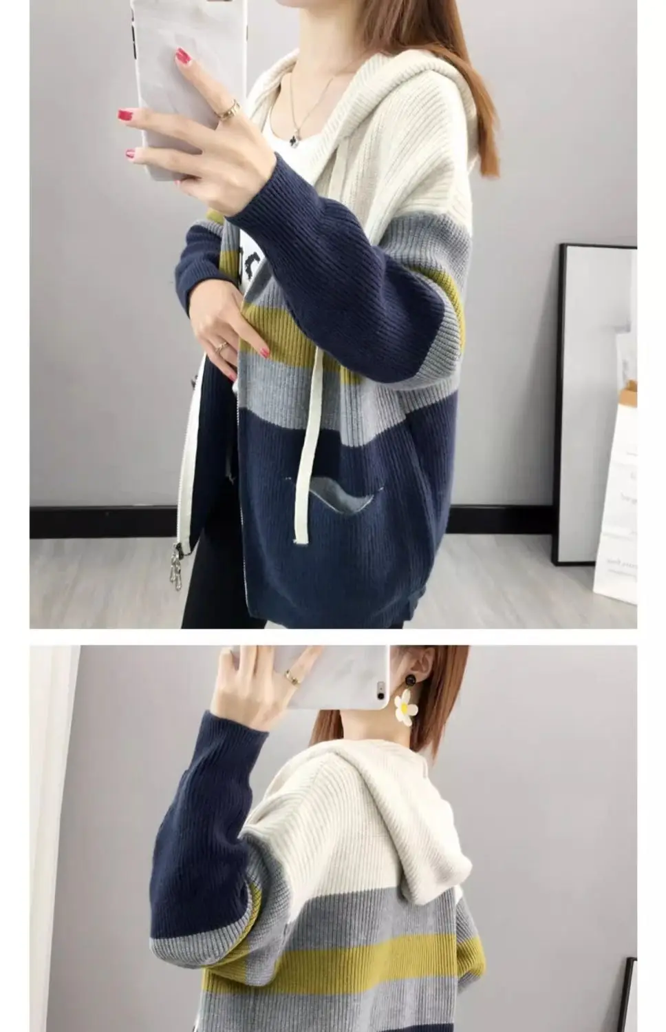 Повседневный свитер с капюшоном на молнии в ленивом стиле, женский вязаный свитер с цветными блоками, куртка