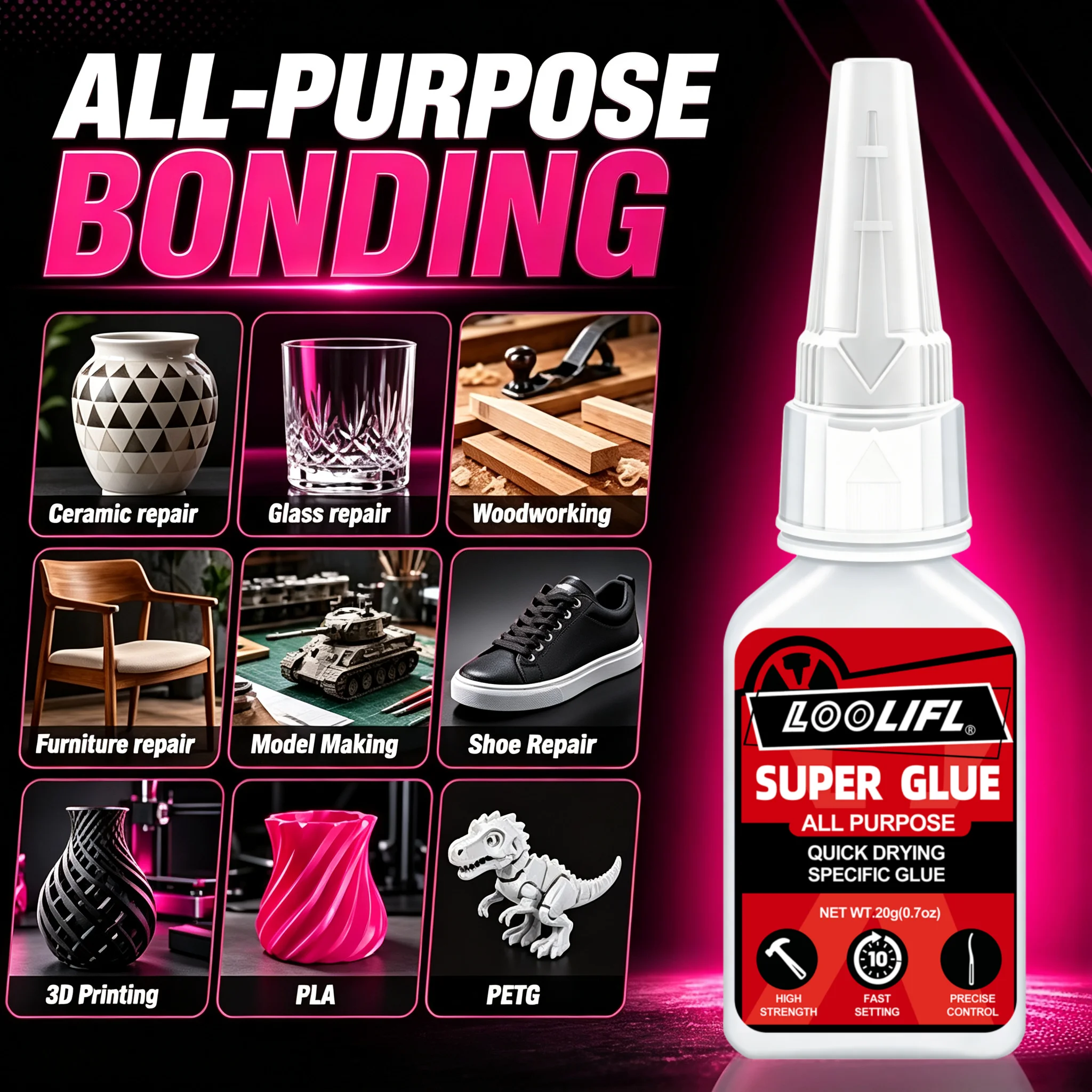 LOOLIFL Multi-Purpose High-Strength Quick-Drying Adhesive, Cyanoacrylate Adhesive, 20 g—Quick-Drying Adhesive Suitable for Rubber, Wood, Glass, and Leather; High-Strength All-Purpose Adhesive