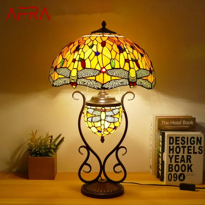 

AFRA Tiffany Table Lamp American Retro Living Room Bedroom Lamp Luxurious Villa Hotel Stained Glass Desk Lamp