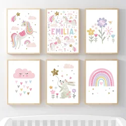 Pink Unicorn Rabbit Rainbow Cloud Flower Nursery Wall Art Canvas Painting Posters And Prints Wall Pictures Baby Kids Room Decor