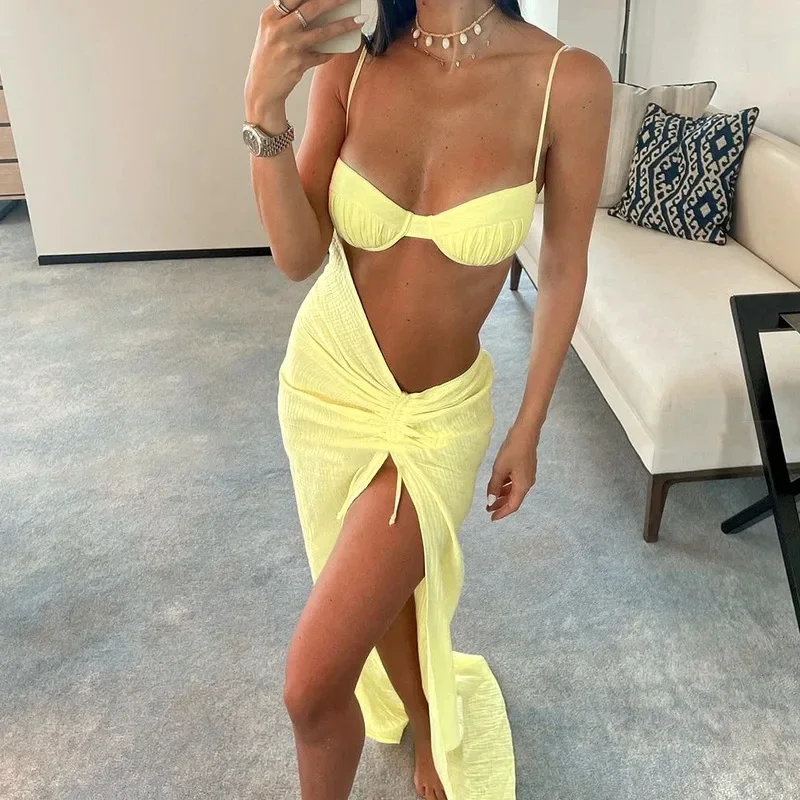 2024 gerafftes asymmetrisches hohles gelbes Strandkleid Midi Beach Cover Up Frau Bademode Bikini Tunika Beachwear Outfit Biquini weiblich