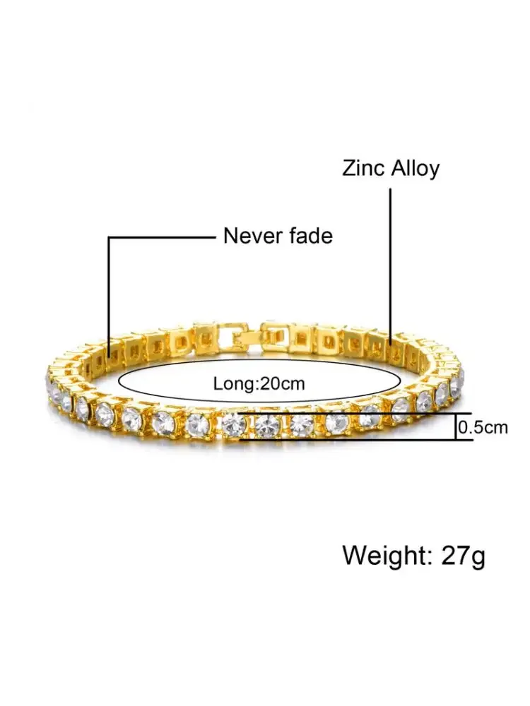 1 Row 5mm Round Zirconia Tennis Bracelet For Women/men 8/9/10inch Rhinestone Chain Gold Color Black Red Hip Hop Wedding Jewelry