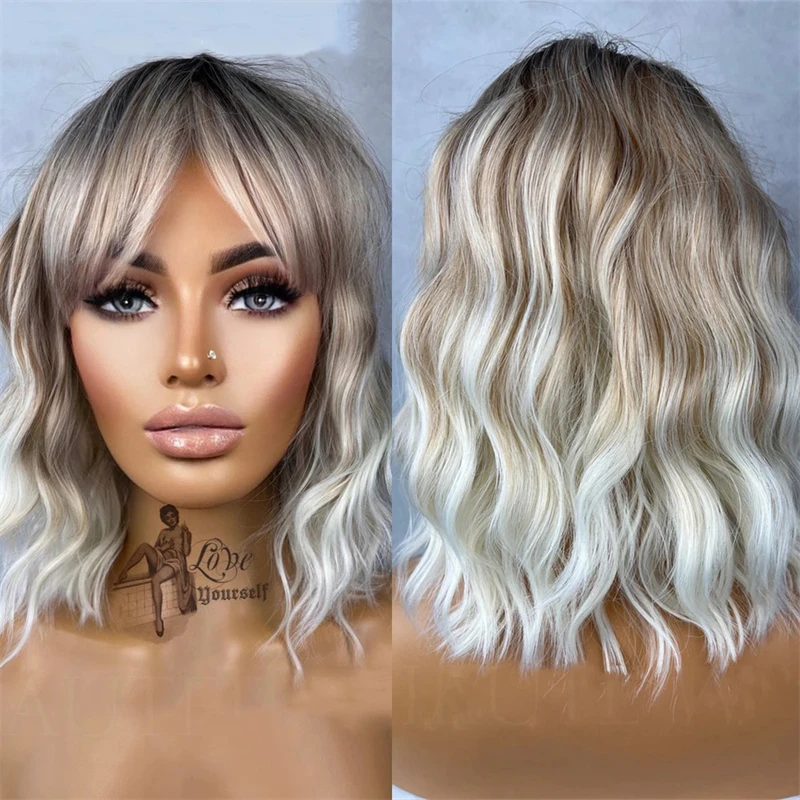 

Ash Blonde Brown Balayage Highlights Streaks 14 Inch Bob Wig Wavy Lace Front Fringe Bangs Womens Wig Eye Catching Short