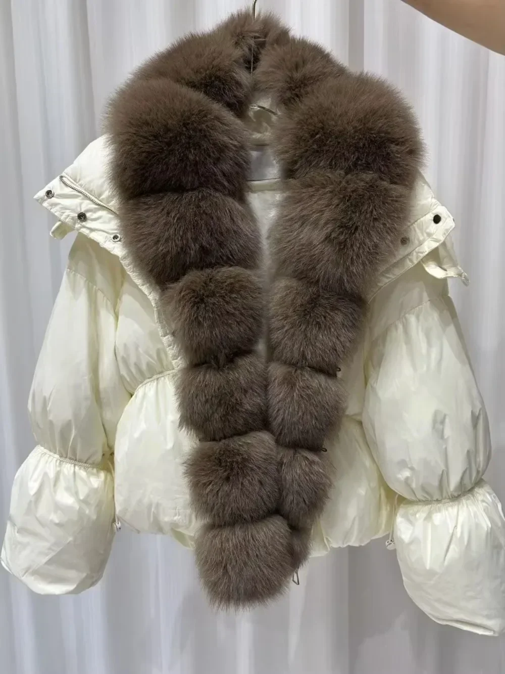 Veste d'hiver en vraie fourrure de canard blanc chaud et épais pour femme, manteau à col en vraie fourrure de renard, avec ceinture, Parka ample et bouffante