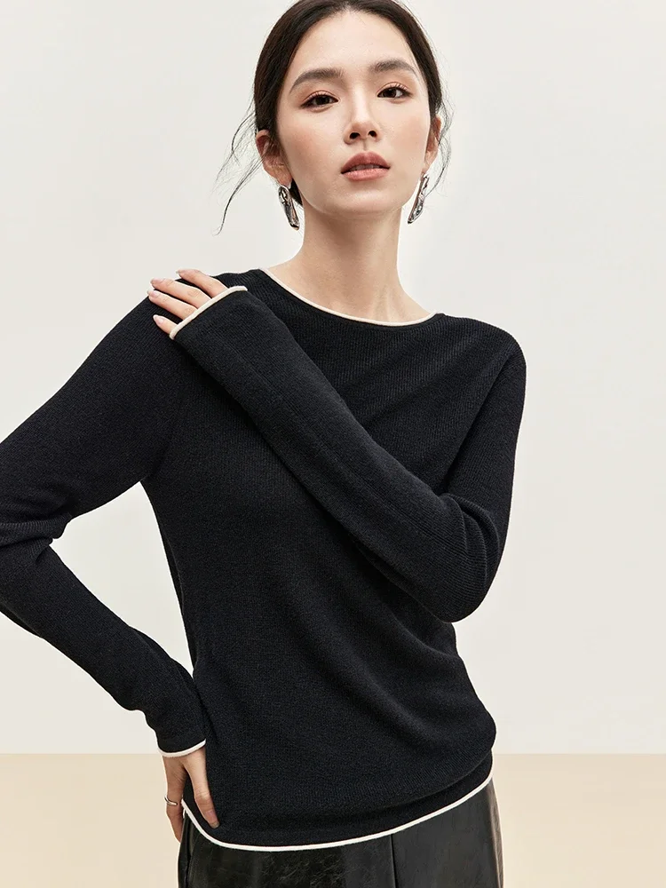 

SENTUBILA Women Pullovers Wool Blend Knitted Sweater 2024 Autumn Long Sleeve Comfort Contrast Basics Knit Tops Woman W43H56235