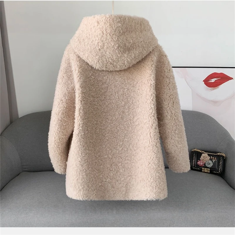 2023 Winter New Full Wool Coat Lamb Hair Loose Style Hooded Sheep Shearling Fur Women Jacket JT406