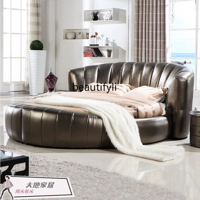 Modern Simple round Bed Double Leather Bed Small Apartment Master Bedroom round Marriage   Couple Hotel Soft Bed