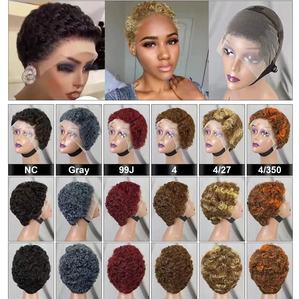 13x4 Lace Frontal Short Pixie Cut Curly Wave  Human Hair Wigs 180% Density 13x4 Lace Front Human Hair Wig for Black Women