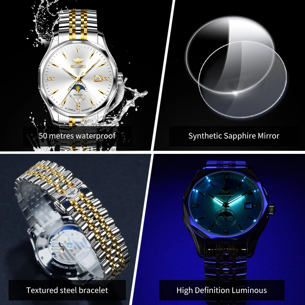 OUPINKE 3275 Mens Watch Luxury Automatic Mechanical Watch﻿ 50M Waterproof Luminous Stainless Steel Date Watches For Men New