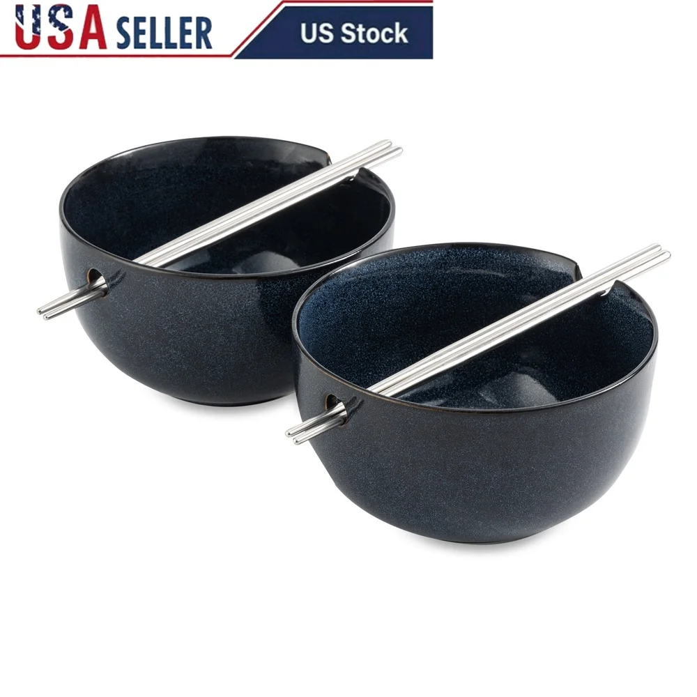 

2 Pack Ramen Bowl Set with Chopsticks High Quality Ceramic Durable Stoneware Dishwasher Microwave Safe Elegant Design Ideal