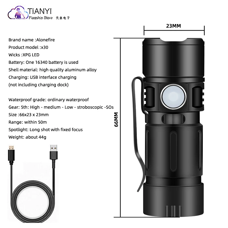 Magnetic suction Mini Flashlight USB rechargeable 16340 battery XPG2 bright light LED Aluminum Alloy pen buckle portable flashli