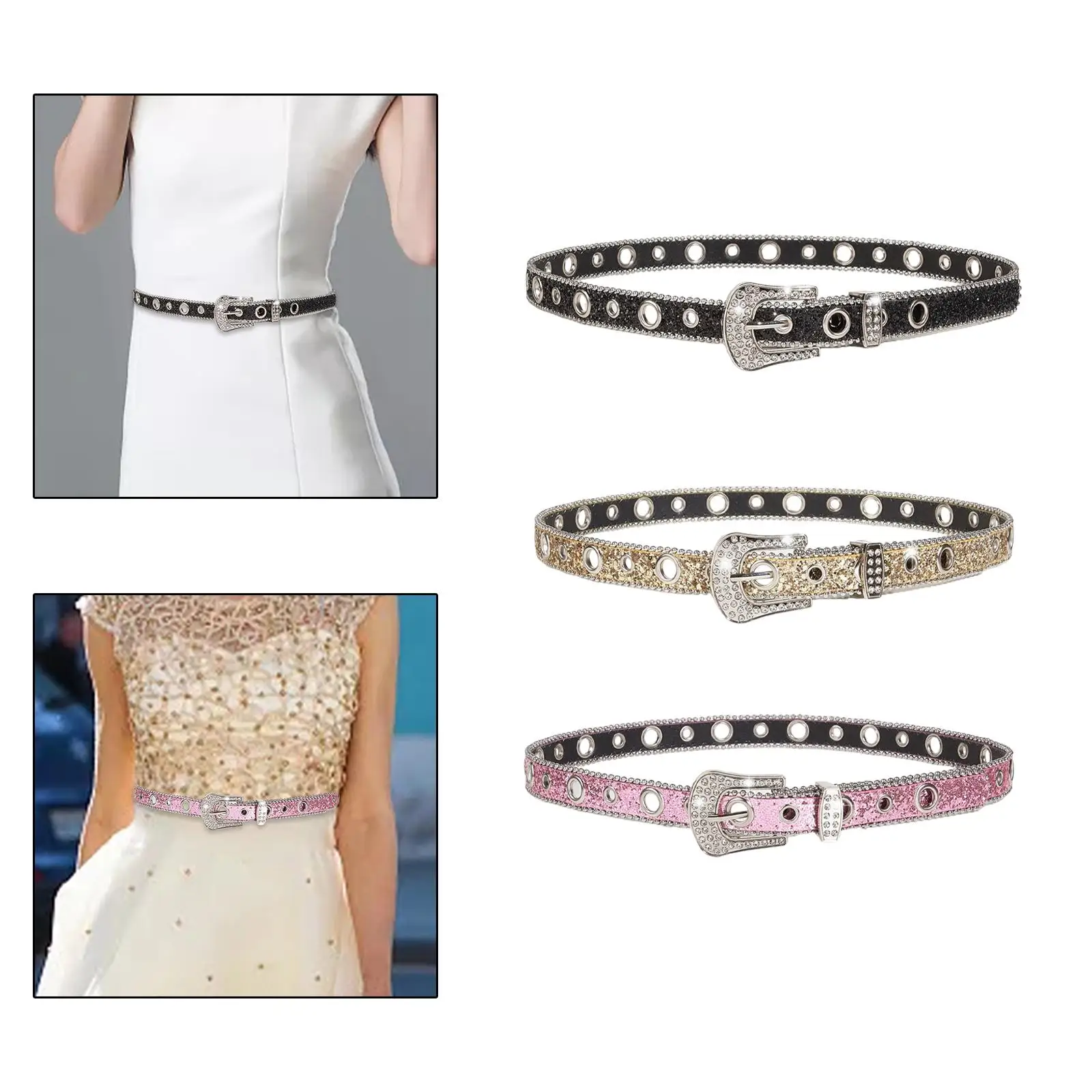 Rhinestone Belt Women PU Leather Waist Belt Bling Cowgirl Belt for Trousers