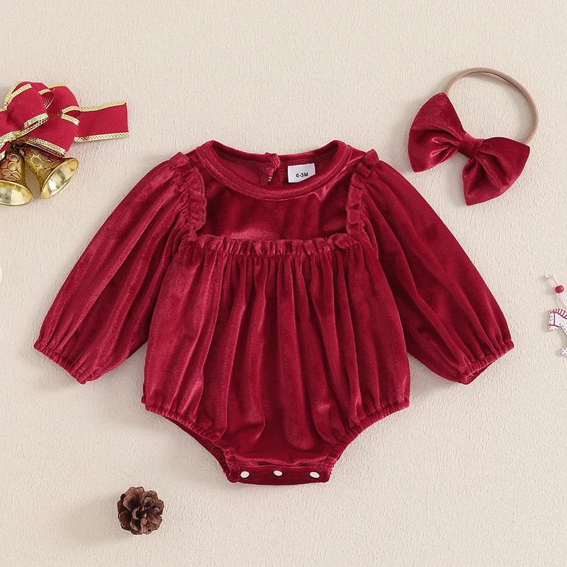 Baby Girls Christmas Romper Solid Color Round Neck Long Sleeve Velvet Jumpsuits with Headband Newborn Xmas Clothes