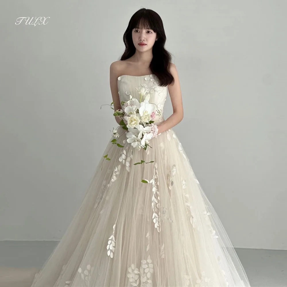 TULX Princess Ivory Tulle Wedding Dress Korea Photo Shoot Strapless Lace Bridal Gown A line Long Corset Customized 웨딩드레스