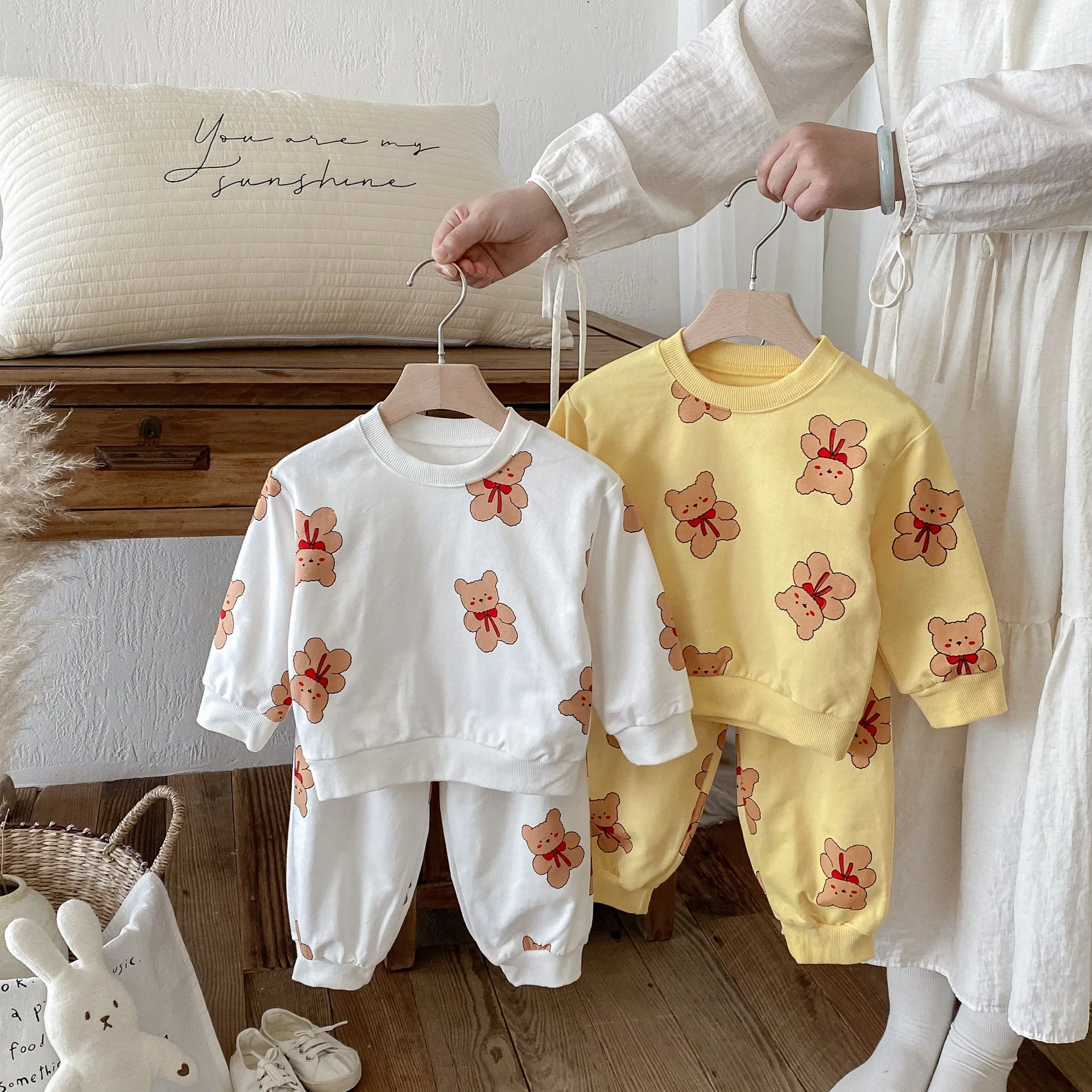 

2025 Autumn Korean Kids Outfits Cute Bear Print 2Pcs Matching Sets Boys Girls Toddler Clothes 1-7 Years Cotton Casual Clothing