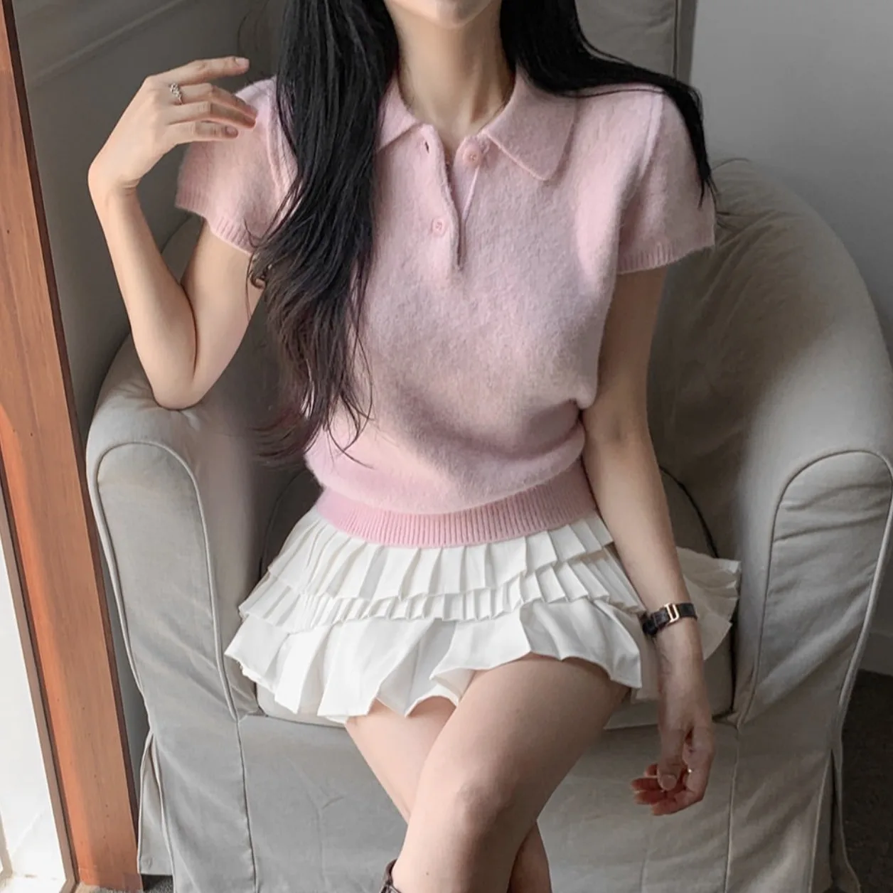 

Womens Top 2026 Spring Sweet and Gentle Temperament Simple Collar Short Sleeve Knitted Shirt Solid Color Simple Daily Wear