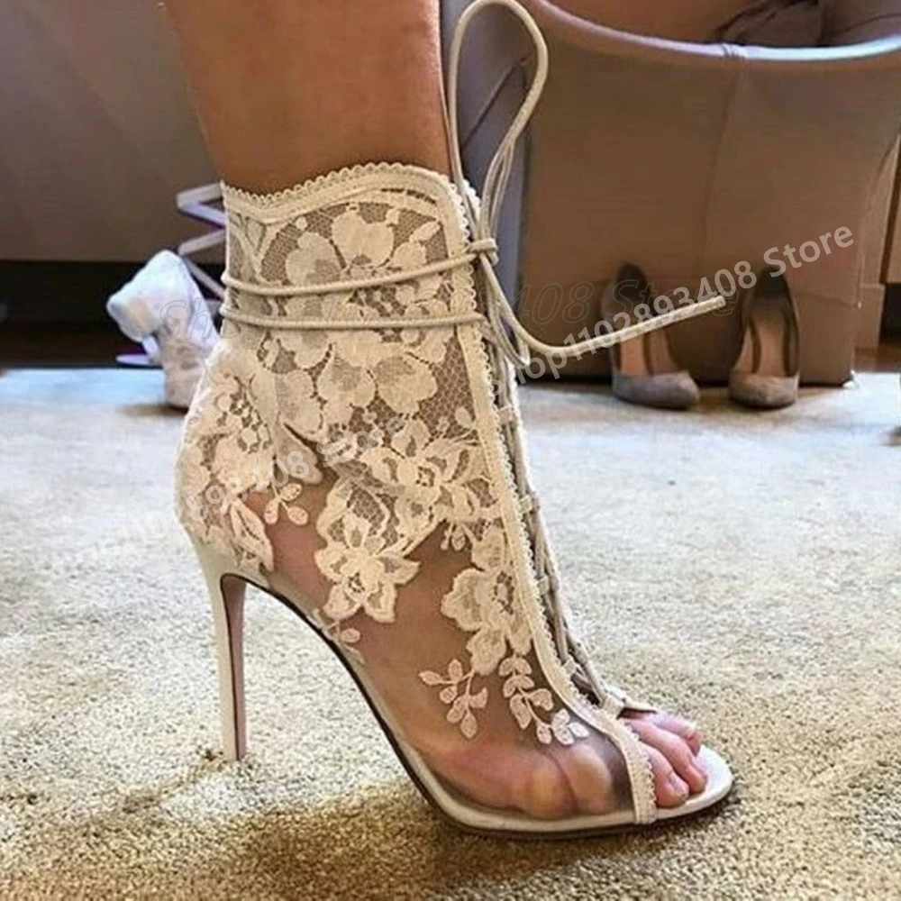 

White Sexy Hollow Lace Strappy Sandals Open Toe Front Lace-up Stiletto High Heel Fashion 2025 New Women Shoes Summer Para Mujere