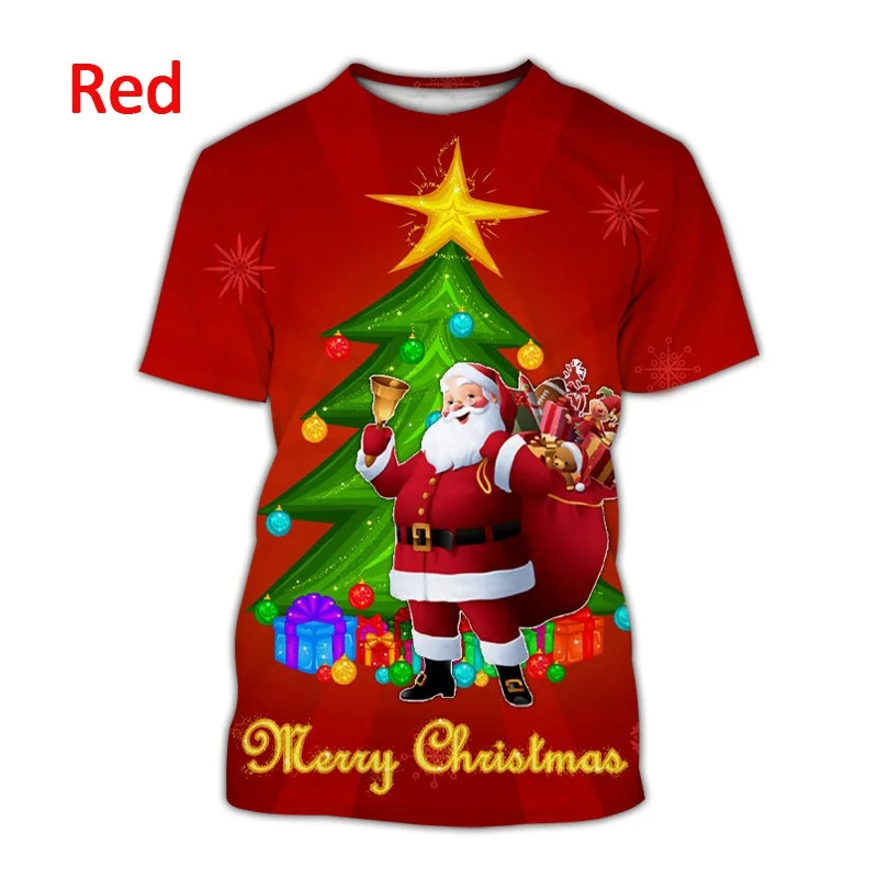 Summer New Christmas 3D Printed T-shirts Christmas Tree and Santa Men's Casual Fashion Sportswear Crew-neck T-shirts