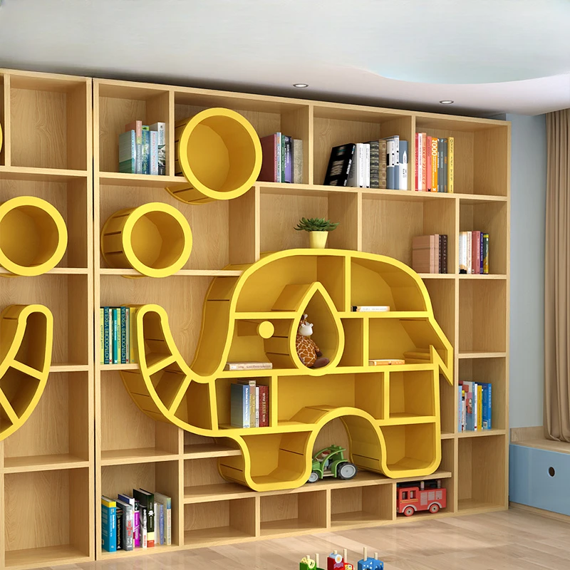 Bookcase Cartoon Elephant Bookcase Floor Storage Cabinet Children's Picture Book Shelf Kindergarten Full Wall Grid Bookcase