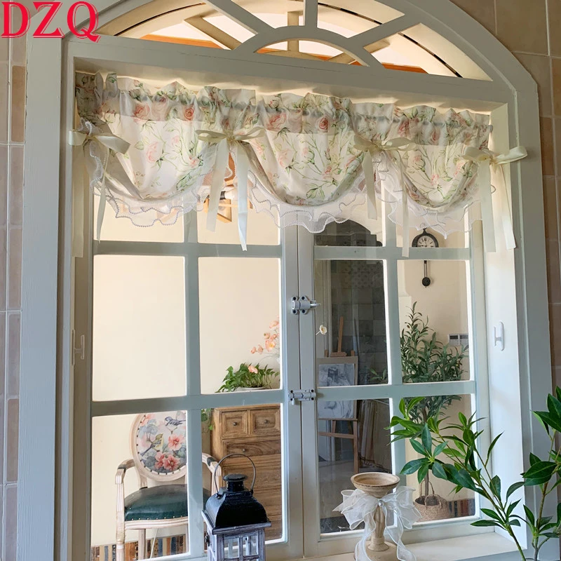 Korean Style Drawstring Wave Flowers Short Curtains for Living Room Floral Tulle Curtain Valance Half Curtains for Kitchen #A588