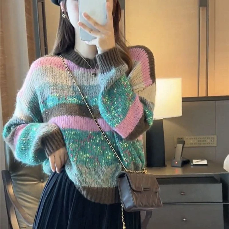 

Colourful Oversized Sweaters 2025 Autumn New Striped Knitwear Round Neck Fashionable Colour-blocking Versatile Top for Female