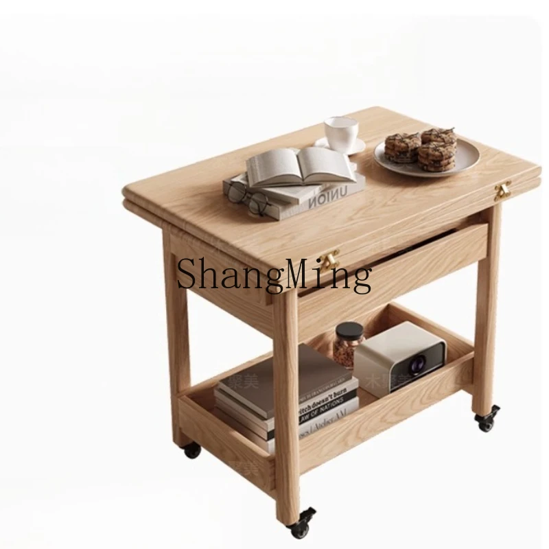 

FG all solid wood movable coffee table living room sofa corner table modern simple multi-functional folding cart small apartment