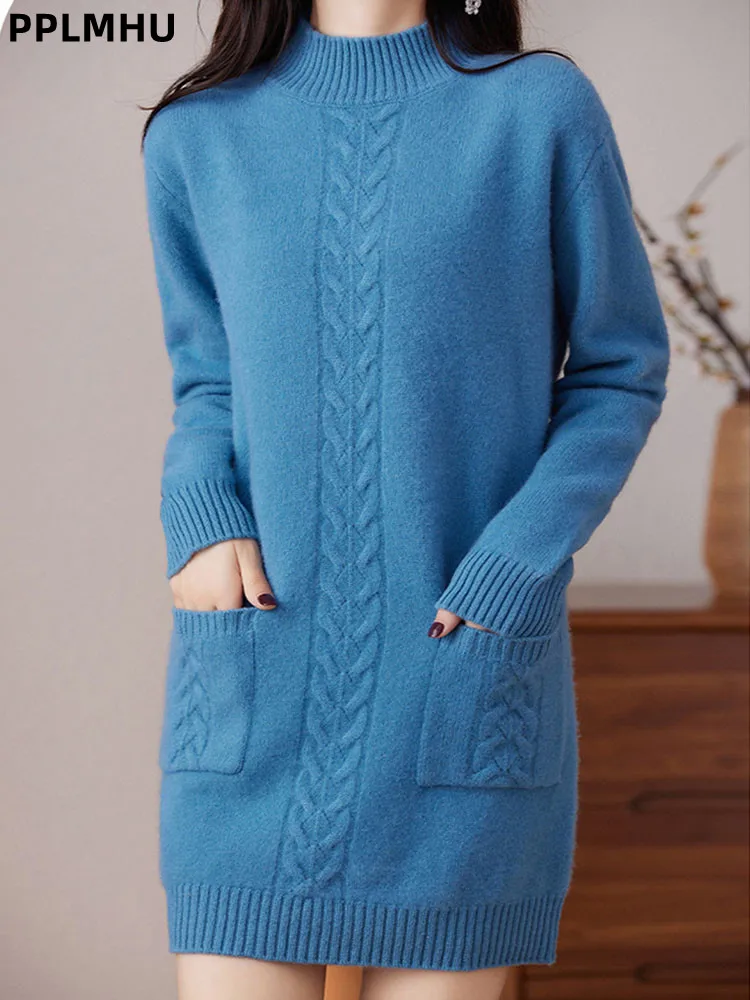 Suéter holgado grueso medio largo para mujer, Jersey de punto con cuello medio alto a la moda coreana, suéter de punto informal con parte baja holgada