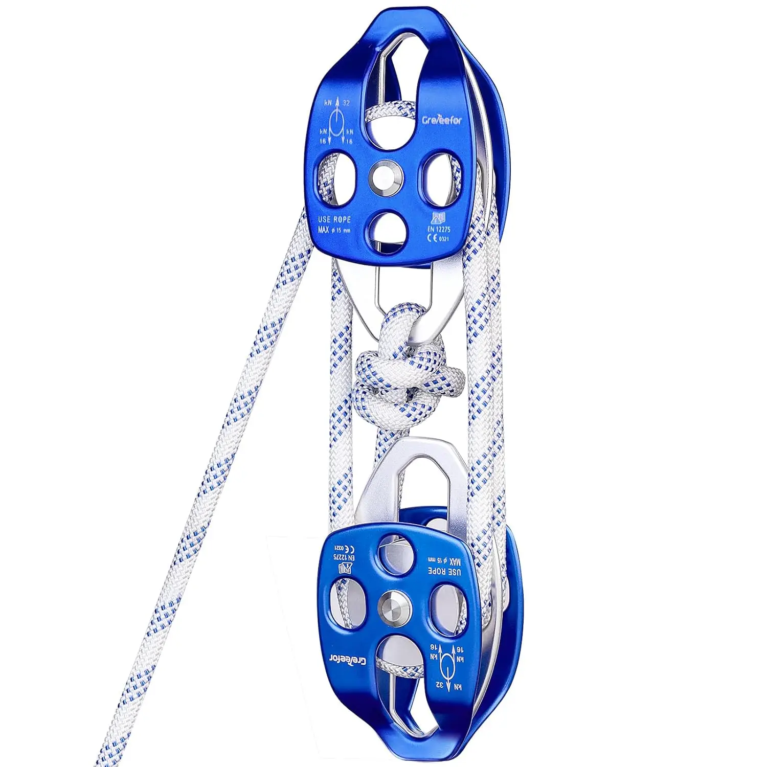 

Double Block and Tackle Pulley System with 150Ft x 1/2'' Rope Pulley 7700 LB(35KN) Breaking Strength, 4:1 Lifting Power Sheave