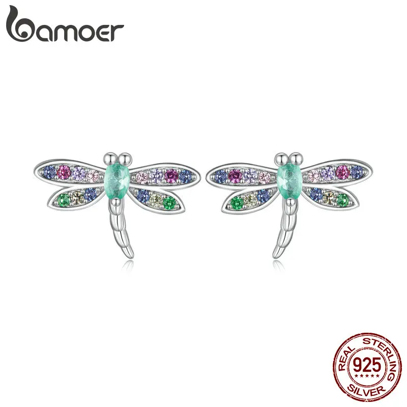 BISAER 925 Sterling Silver Dragonfly Stud Earrings Insect Earrings Plated Platinum for Women Colorful Zircon Fine Jewelry BSE795