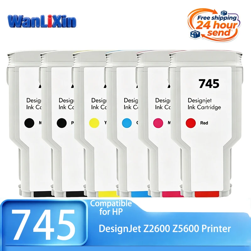 1 Piece 300ML 745 For HP 745 Ink Cartridge Compatible for HP Designjet Z2600 Z5600 Plotter Printer Ink With Chip（MB/PB/C/M/Y/R）