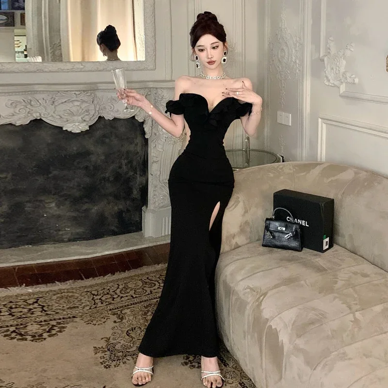 Kimotimo Ruffled One Shoulder Strapless Evening Dress Women Spring Summer Elegant High Waist Slim Wrapped Slit Long Dresses