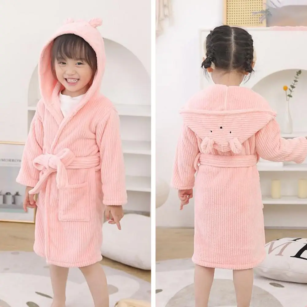 Kids Hooded Bathrobe Belted Pocket Thick Soft Water Absorbent Boys Girls Toddlers Robe Flannel Pajamas Sleepwear Homewear