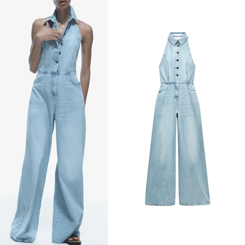 

Casual Summer New Women's One-Piece Overalls Ne Hanging Design Wide Leg Jeans Bal High Waist Long Pants Polyester