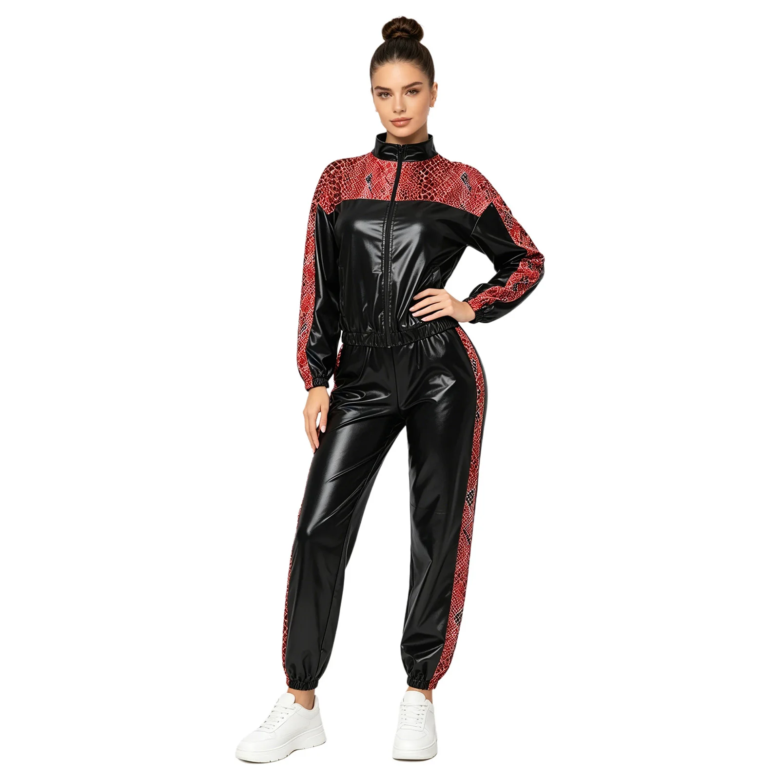 Damen Metallic Glänzendes Disco Hip-Hop Kostüm 80er Jahre Jazz-Tanz-Outfit Langarm-Jacke mit Frontreißverschluss und Jogginghose – Detail 8