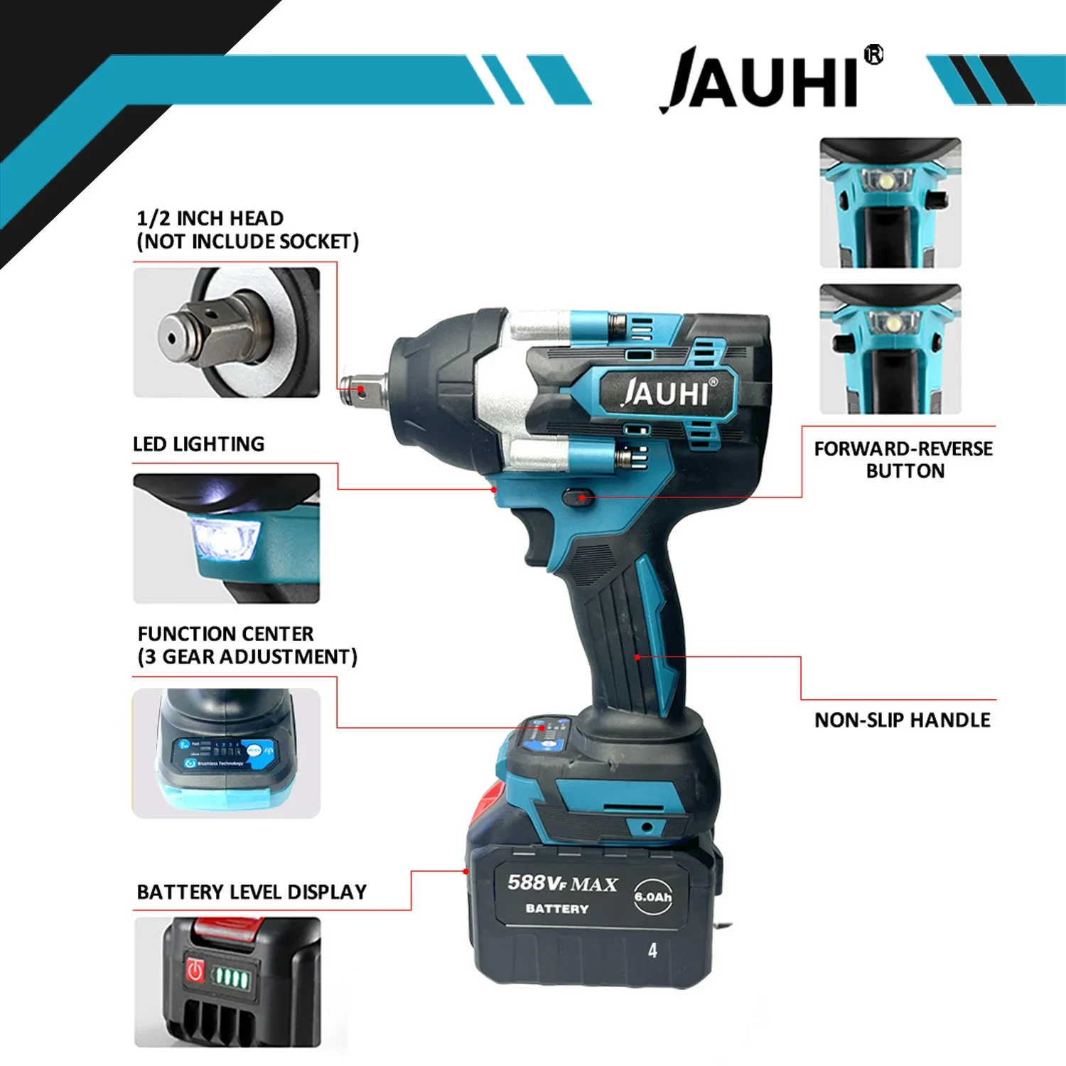 JAUHI 1800N.M Torque Brushless Electric Impact Wrench For Trucks 1/2 inch Cordless Wrench Driver Tool For Makita 18V Battery