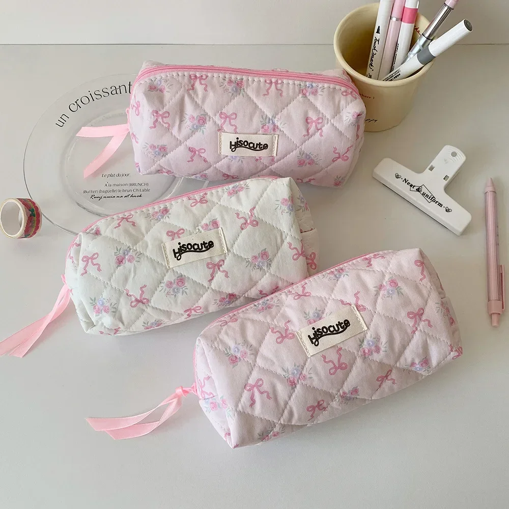 INS Korean Cute Sweetheart Bow Pencil Case Aesthetic Portable Girl Makeup Bag Pouch Stationery Organizer Kawaii School Supplies