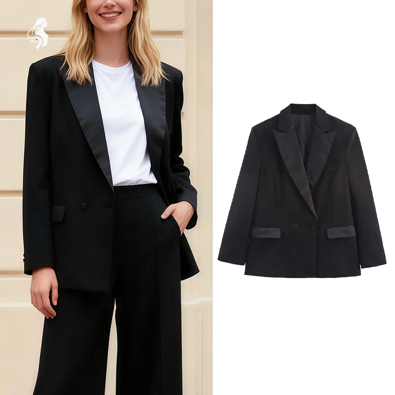 

Womens Trendy Blazer Satin Splice Double Breasted Blazer Fashionable Versatile Jacket Suitable For Work And Street Style