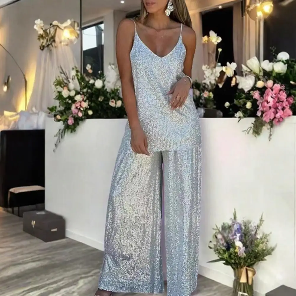 Wygodny damski komplet z cekinami, dwuczęściowy zestaw dla kobiet, top na ramiączkach z dekoltem typu scoop, spodnie z szerokimi nogawkami, elegancka sukienka wieczorowa na przyjęcie.