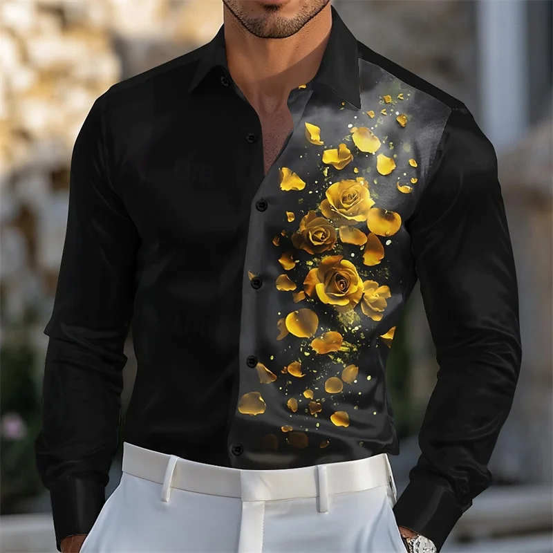 Men's Rose Flower Shirt Formal Shirt Long Sleeve Fashion Casual Wedding Spring Shirt 3D Printing Yellow Red Blue Purple Shirt ﻿