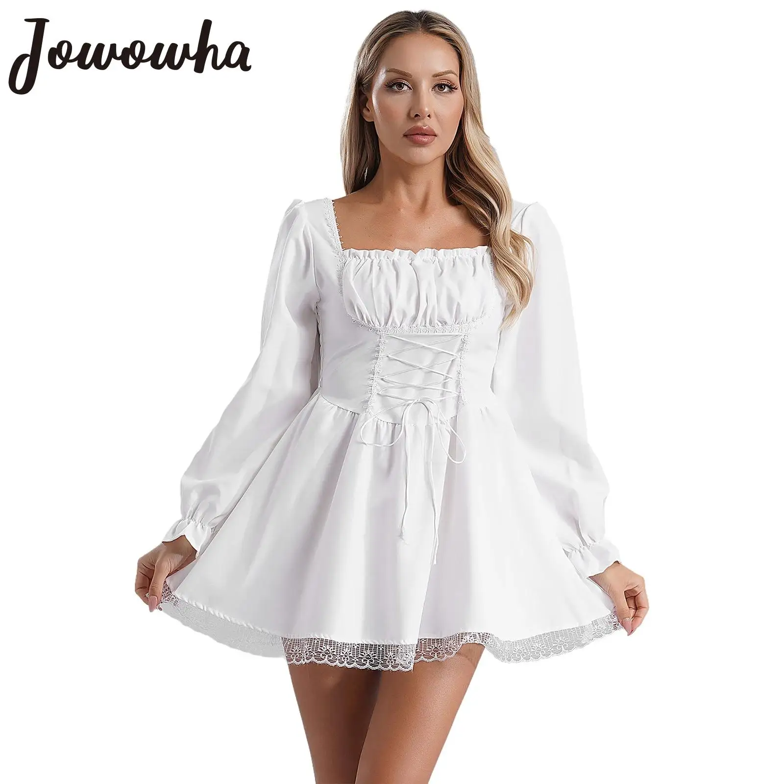 Womens Lace Trim Smocked Dress Vintage Long Sleeve Square Neck Lace-up Dresses for Halloween Cosplay Theme Party Costume