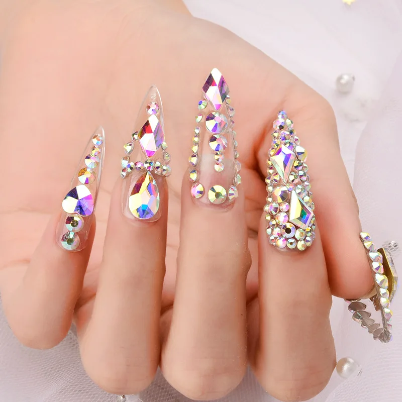 1 Box Mixed-Shaped Round Nail Art Charms Sparkly Flatback Gold/Red Mini Rhinestones Nails Art Decorations Gems Diamond Wholesale