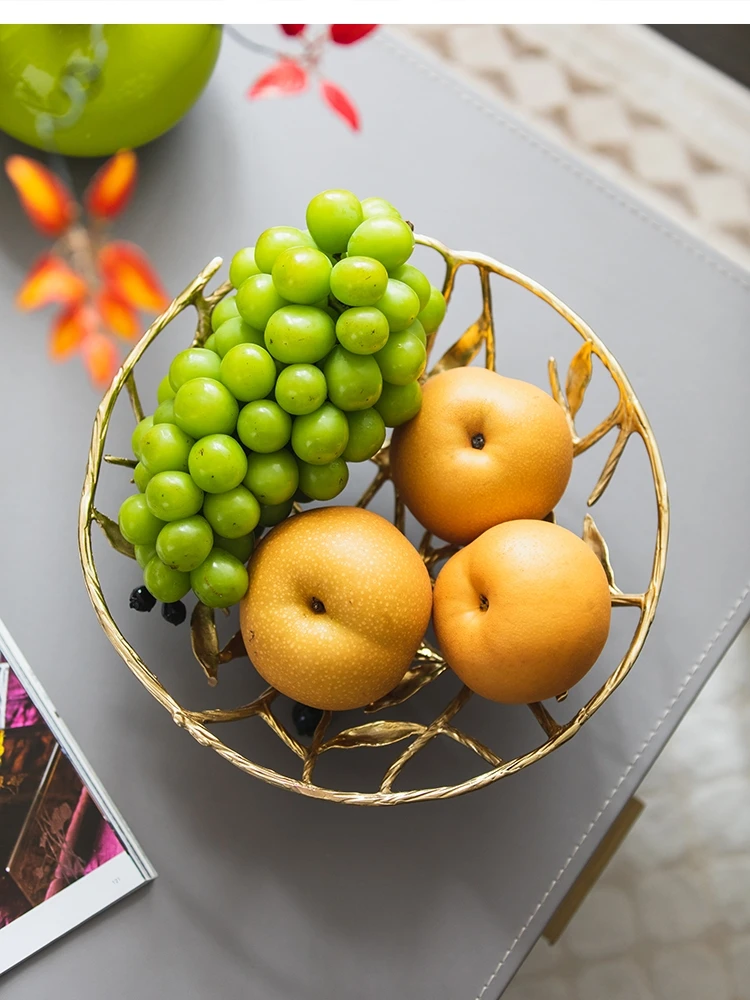 Nordic light luxury brass fruit tray olive branch hollow basket End table rack living room decoration