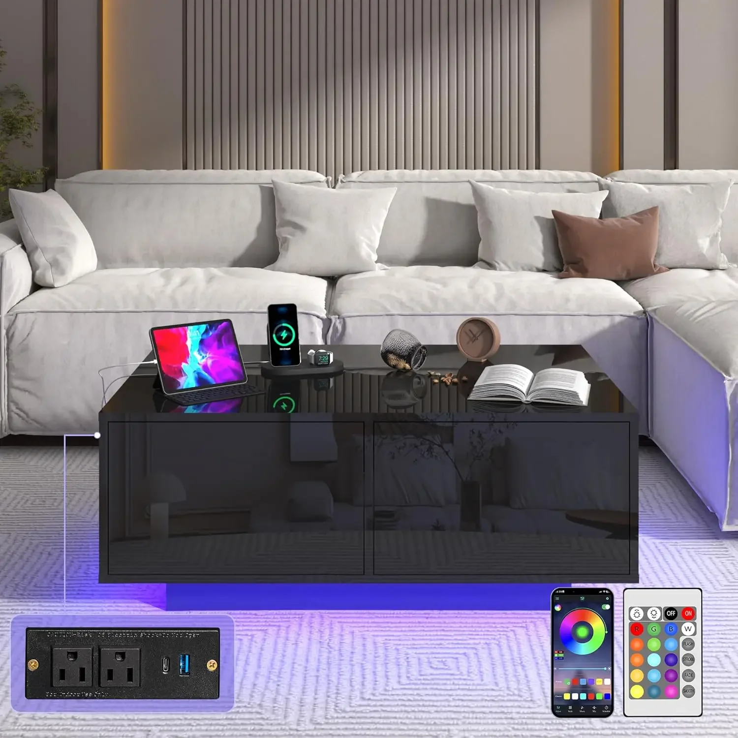 LED Coffee Table with Storage Drawers,Modern High Glossy Center Table with 20 Colors LED Lights for Living Room (Black)