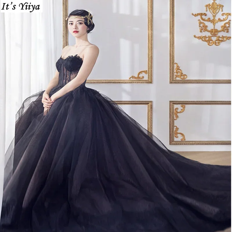 

It's Yiiya Evening Dress Black illusion Tulle Trailing Strapless Lace Up A-line Floor Length Plus size Women Party Formal Gowns