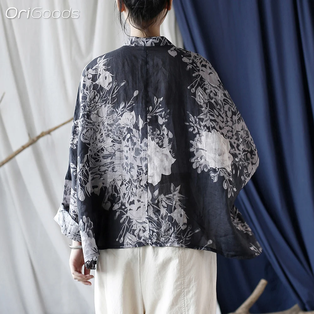 OriGoods Oversized Batwing Sleeve Shirt Women Ramie 100% Print Shirt Summer 2024 New Chinese Style Clothing Black Thin Tops X043