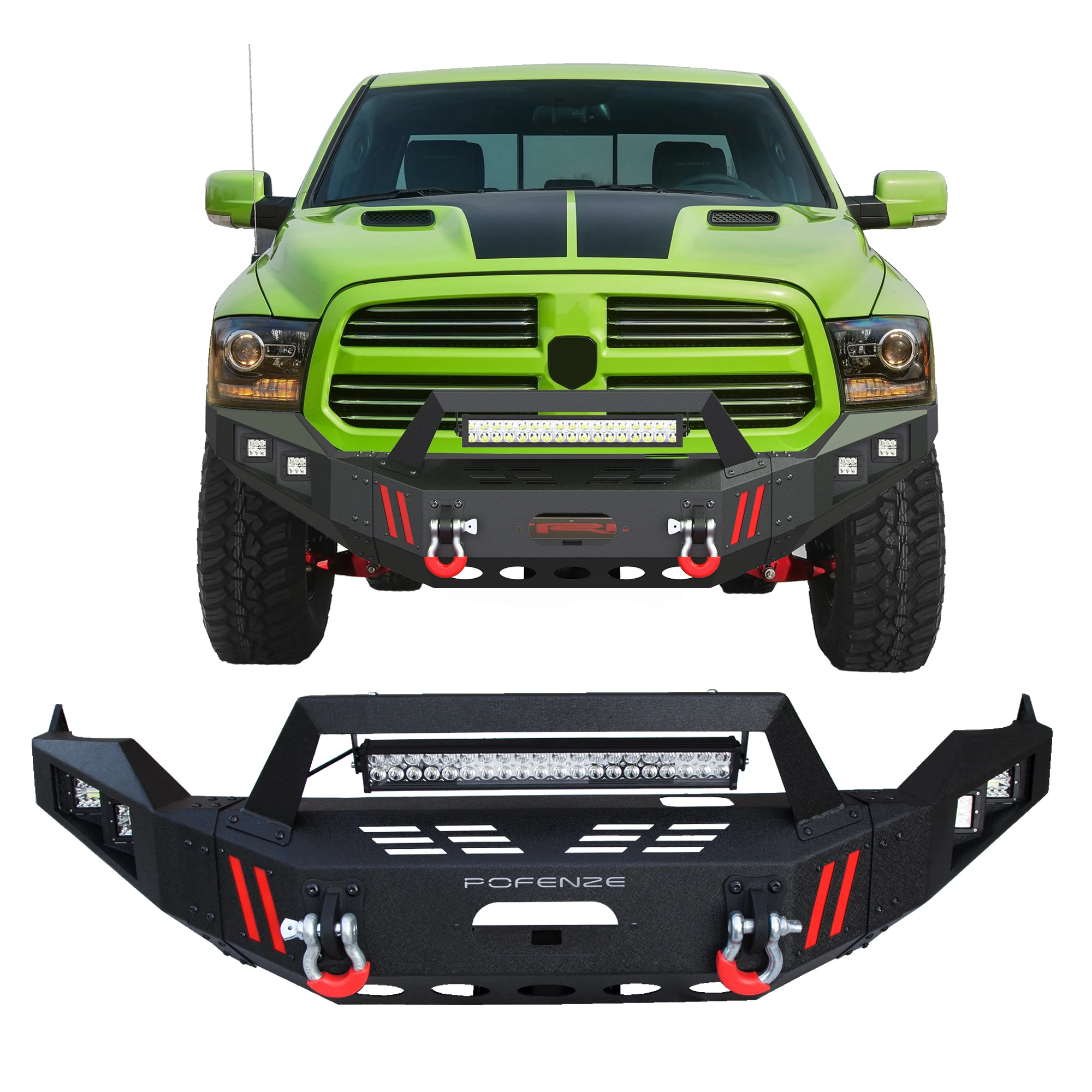 Front Bumper with Winch Plate,144W Long Light Bar for 2013-2018 Dodge Ram 1500,Textured Black Ram 1500 Front Bumper