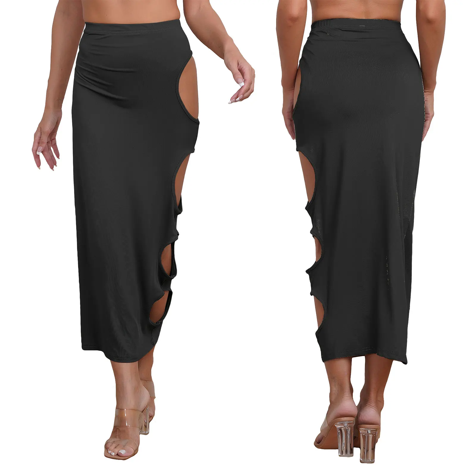 

Womens Tight Maxi Skirt Casual Cut-Out Skirt Elastic Waist Side Round Hollowing Solid Color Hip Wrap Skirt for Casual Vacation