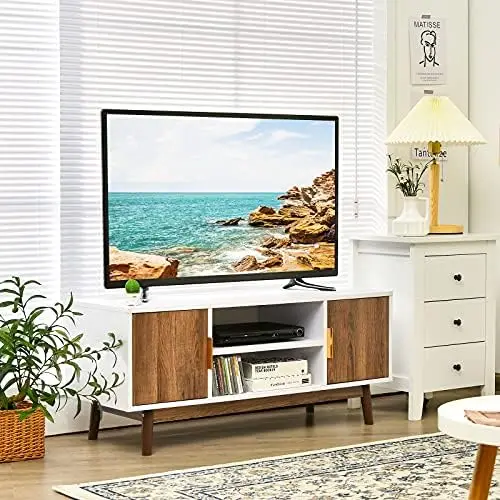 

2 Door TV Stand for TVs up to 50" TV, Entertainment Center w/ 2 Cabinets & Open Shelves, 2 Cable Holes, Mid-Century Mode Reading